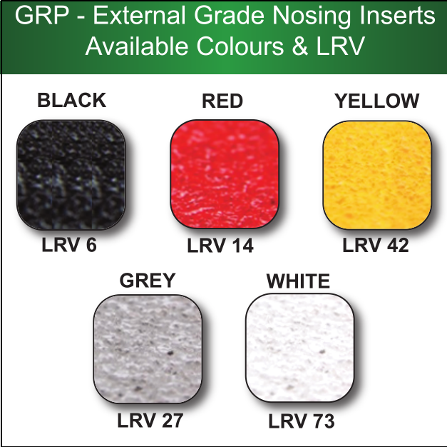 ES13EX Euronose Stairnosing with External Grade GRP Insert, Bullnose Ramped Back 2 GRP Stairnosing colours and LRV values
